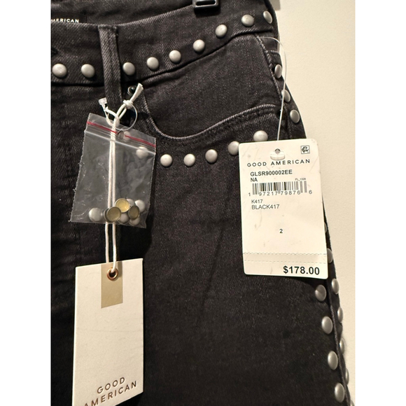 Women's GOOD AMERICAN Black Studded Straight Leg Jeans Size 2 - Picture 6 of 9